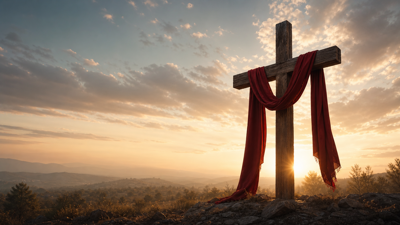 Wooden cross with a crimson red cloth draped over it at sunrise